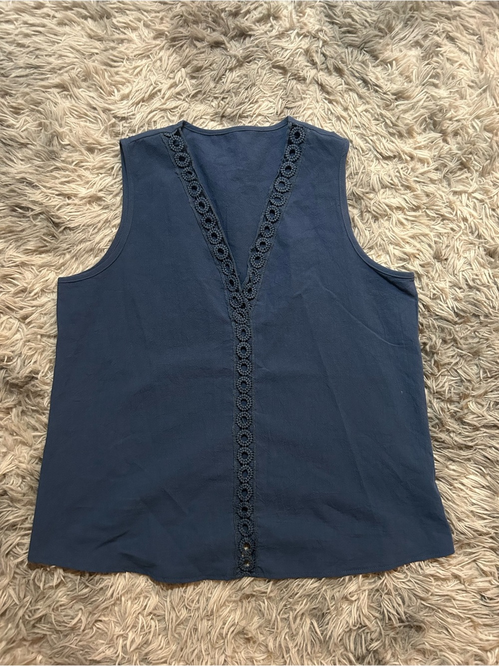 Classic Navy Sleeveless V-Neck Top with Crochet Trim